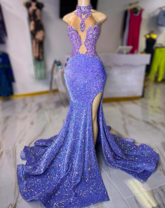 High Neck Prom Dresses, Sparkly Sequin Prom Dresses, 2024 Formal Dresses,  Purple Prom Dr on Luulla