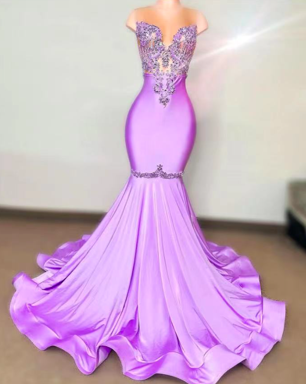 2024 Custom Prom Dresses, Beaded Prom Dresses, Purple Prom Dresses, O