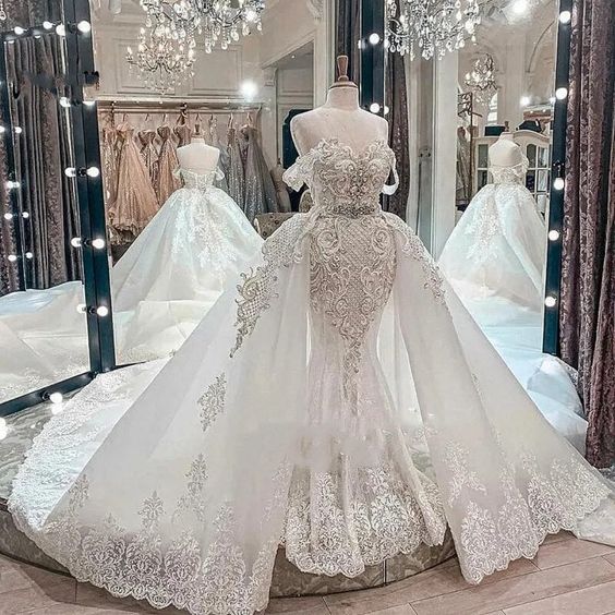 Boho Wedding Dresses, Lace Applique Wedding Dresses, Arabic Wedding Dresses, Detachable Train Wedding Dresses, Wedding Dresses For Bride, Luxury
