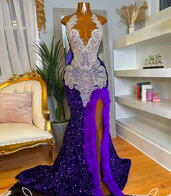 Luxury Prom Dresses, Diamonds Fashion Party Dresses, Deep Purple Prom Dresses, Feather Prom Dresses With Side Split, Formal Occasion Dresses,