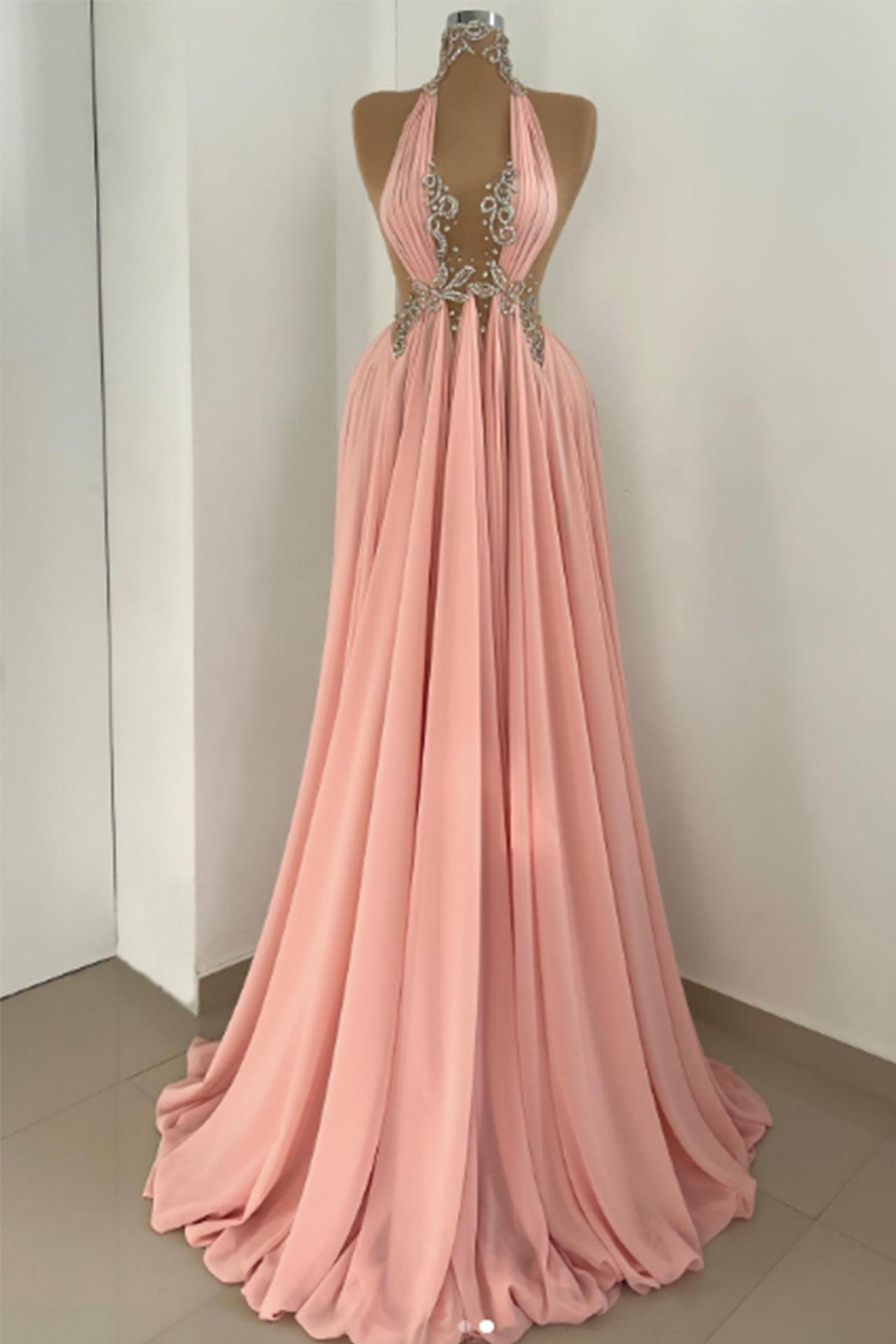 A Line Prom Dresses 2024, Blush Pink Prom Dresses, Beaded Prom Dresses