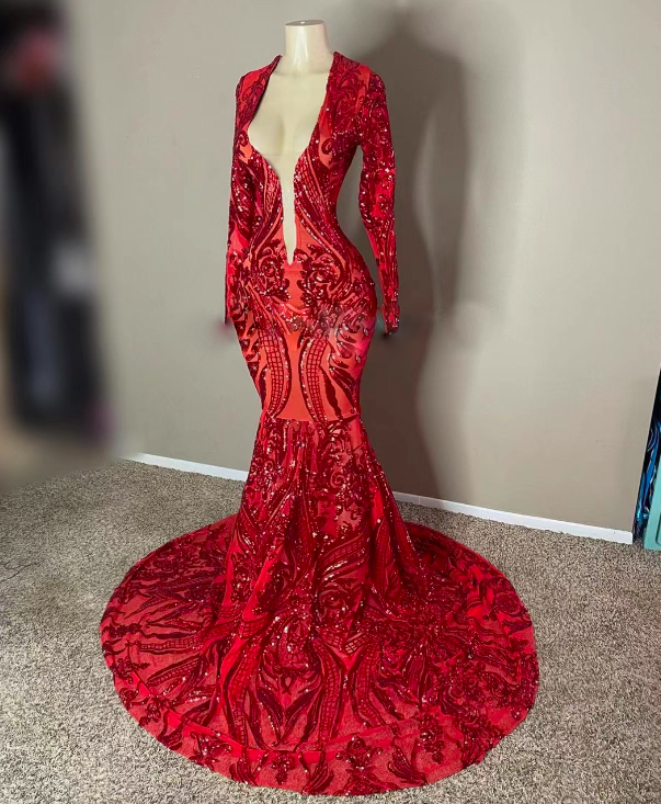 Red Prom Dresses, Sparkly Prom Dresses, Modest Evening Dresses, Long Sleeve Elegant Formal Gown, Abendkleider 2024, Sequin Applique Prom Dresses,
