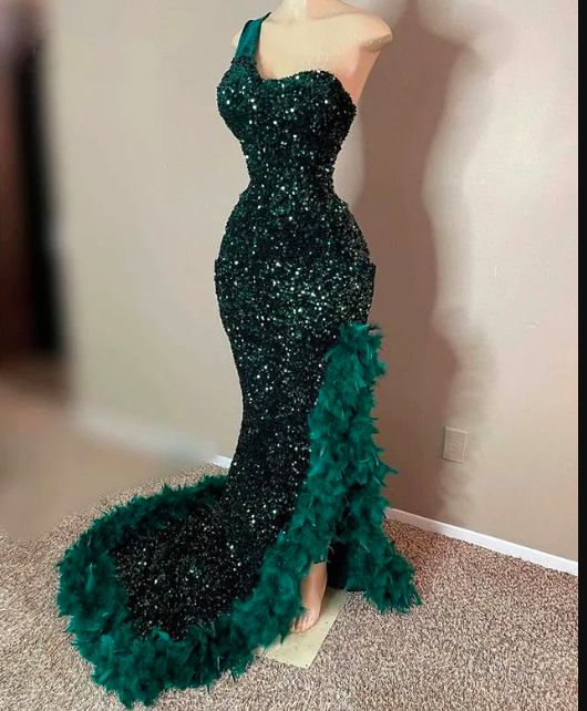 Feather Prom Dresses, Olive Green Prom Dresses, Sparkly Prom Dresses, Robes De Soiree, Glitter Evening Dresses, Fashion Party Dress, One Shoulder