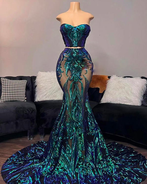 Sparkly Green Prom Dresses, 2 Pieces Prom Dresses, Sweetheart Neck Evening Dresses, Glitter Sequin Applique Evening Dresses, Fashion Custom Party