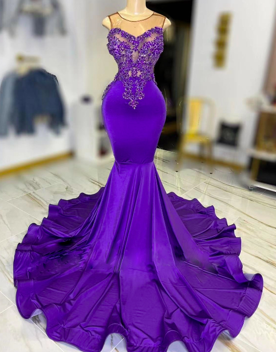 Purple Prom Dresses, Mermaid Evening Dress, Sleeveless Prom Dresses, Lace Applique Formal Occasion Dresses, Beaded Prom Dresses, Vestidos De