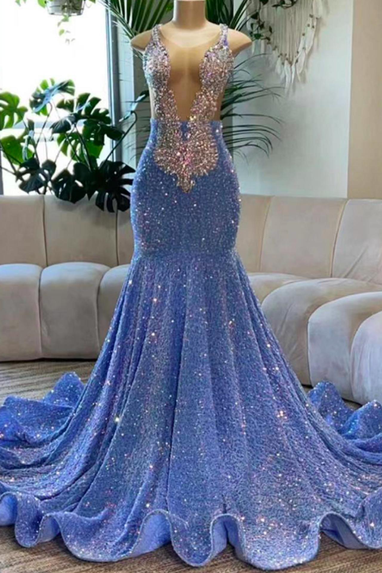 Blue Prom Dresses, Sparkly Sequin Prom Dress, Crystals Prom Dresses, Formal  Occasion Dresses, Vestidos De Gala, Elegant Evening Dress, Evening