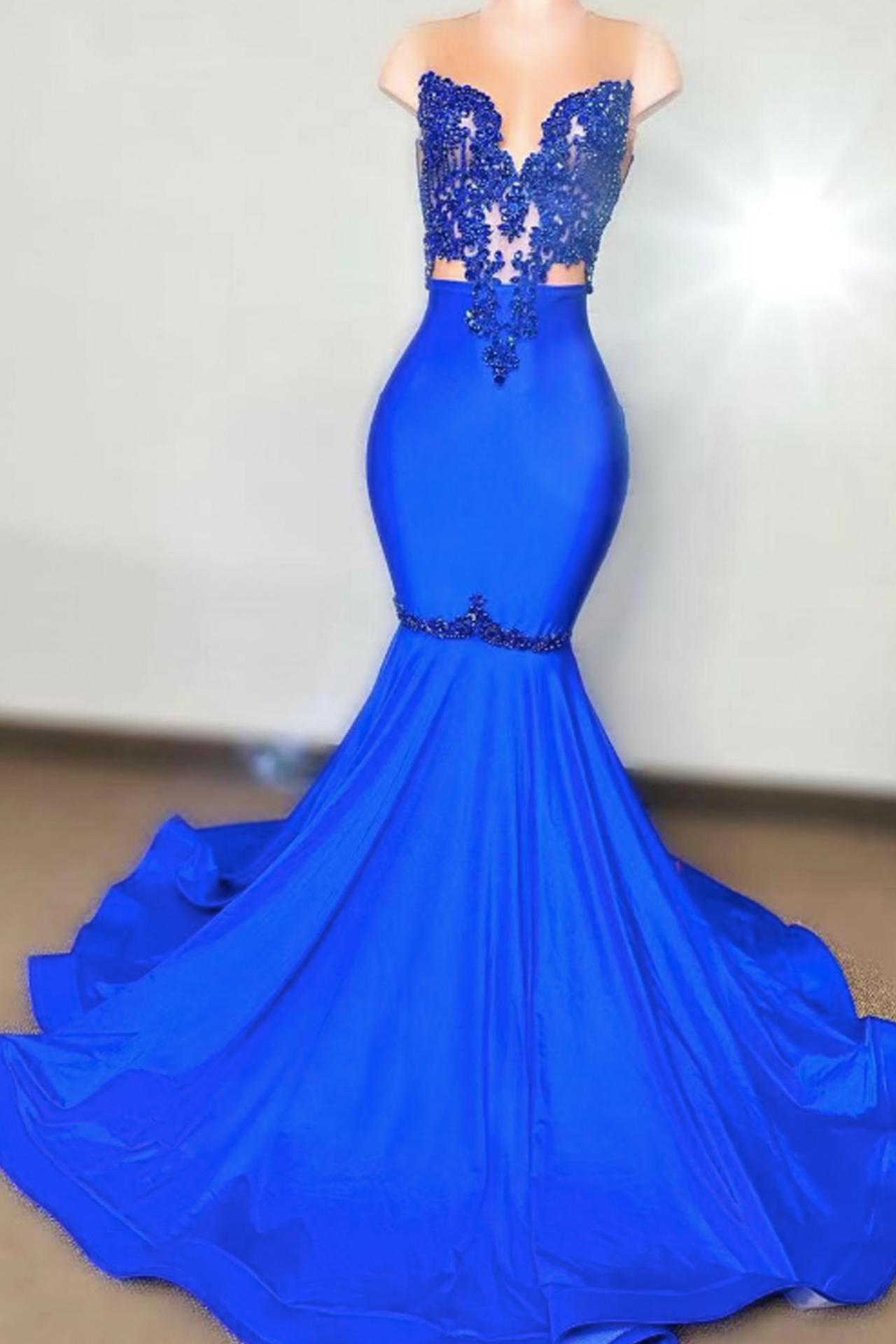 Lace Applique Prom Dresses, Mermaid Prom Dresses, Royal Blue Evening  Dresses, Beaded Prom Dresses, Abendkleider, Special Occasion Dresses,
