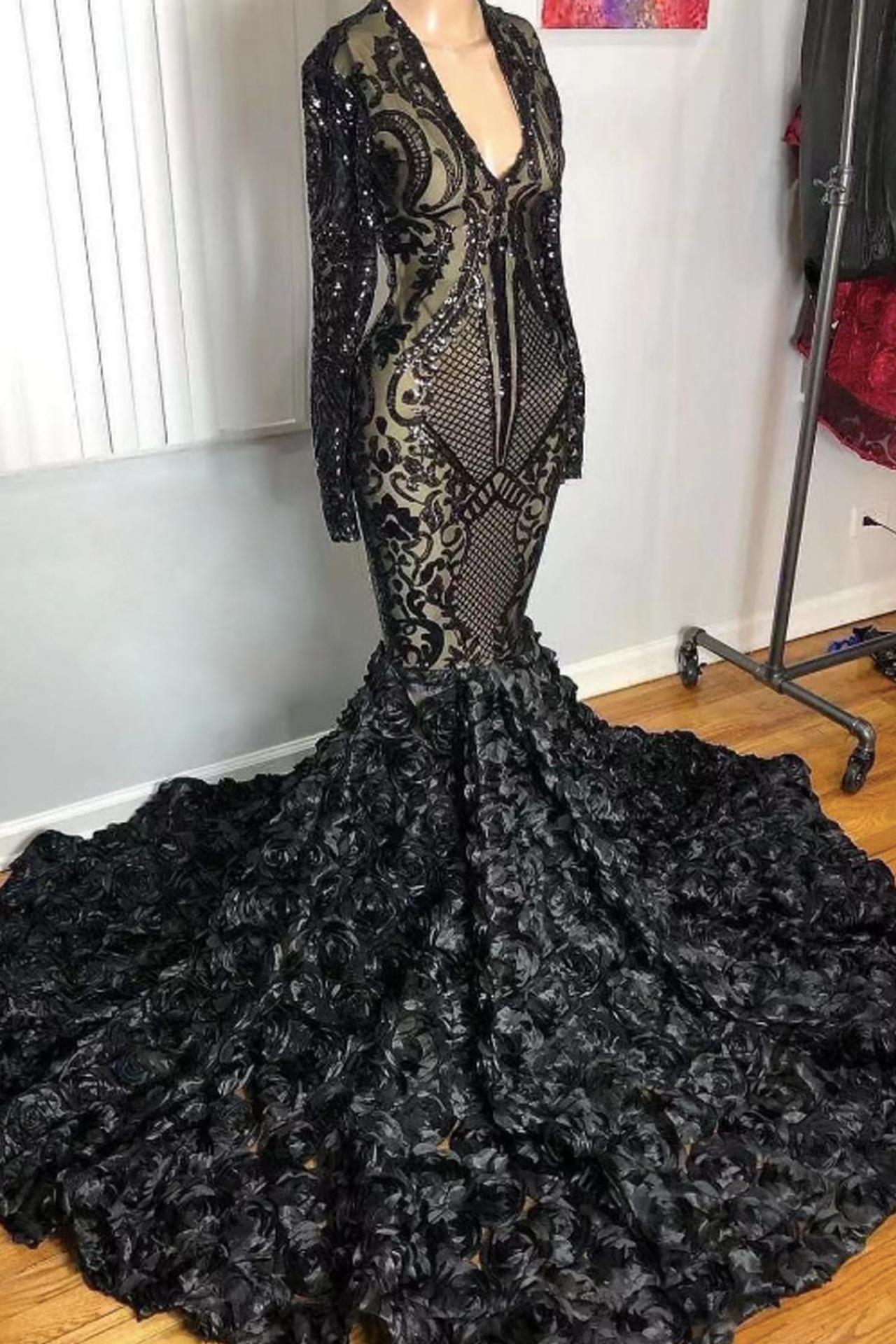 Long Sleeve Prom Dresses, Black Prom Dresses, Vintage Evening Gown, Sparkly  Applique Prom Dresses, F on Luulla