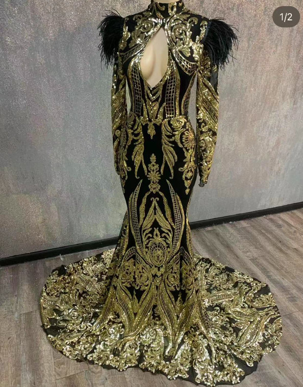 Black And Gold Prom Dresses, Arabic Prom Dresses, Evening Gown For Women, Feather Prom Dresses, High Neck Prom Dresses, Classic Prom Dresses,