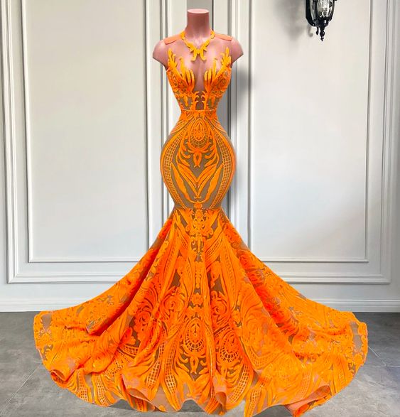 Orange Prom Dresses, Vestidos Para Mujer, Mermaid Prom Dresses, Sparkly Applique Prom Dress, Formal Occasion Dresses, O Neck Evening Dress,