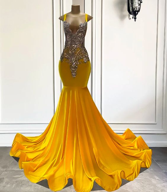 Yellow Prom Dresses, Spaghetti Straps Prom Dresses, Rhinestones Fashion Party Dresses, Beaded Prom Dresses, Birthday Party Dresses, Luxury