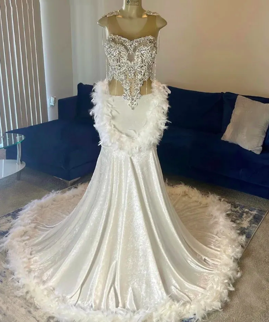 White Prom Dresses, Lace Applique Prom Dress, Feather Prom Dresses, Robes De Soiree Femme, Glitter Formal Occasion Dress, 2024 Fashion Party