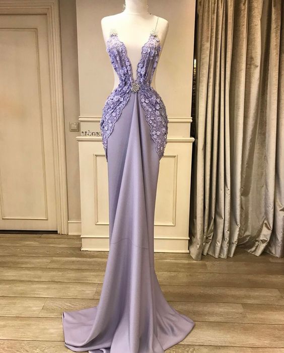 Romantic Purple Prom Dresses, Spaghetti Straps Prom Dress, Lace Applique Evening Dress, V Neck Prom Dresses, Evening Dresses For Women, Formal