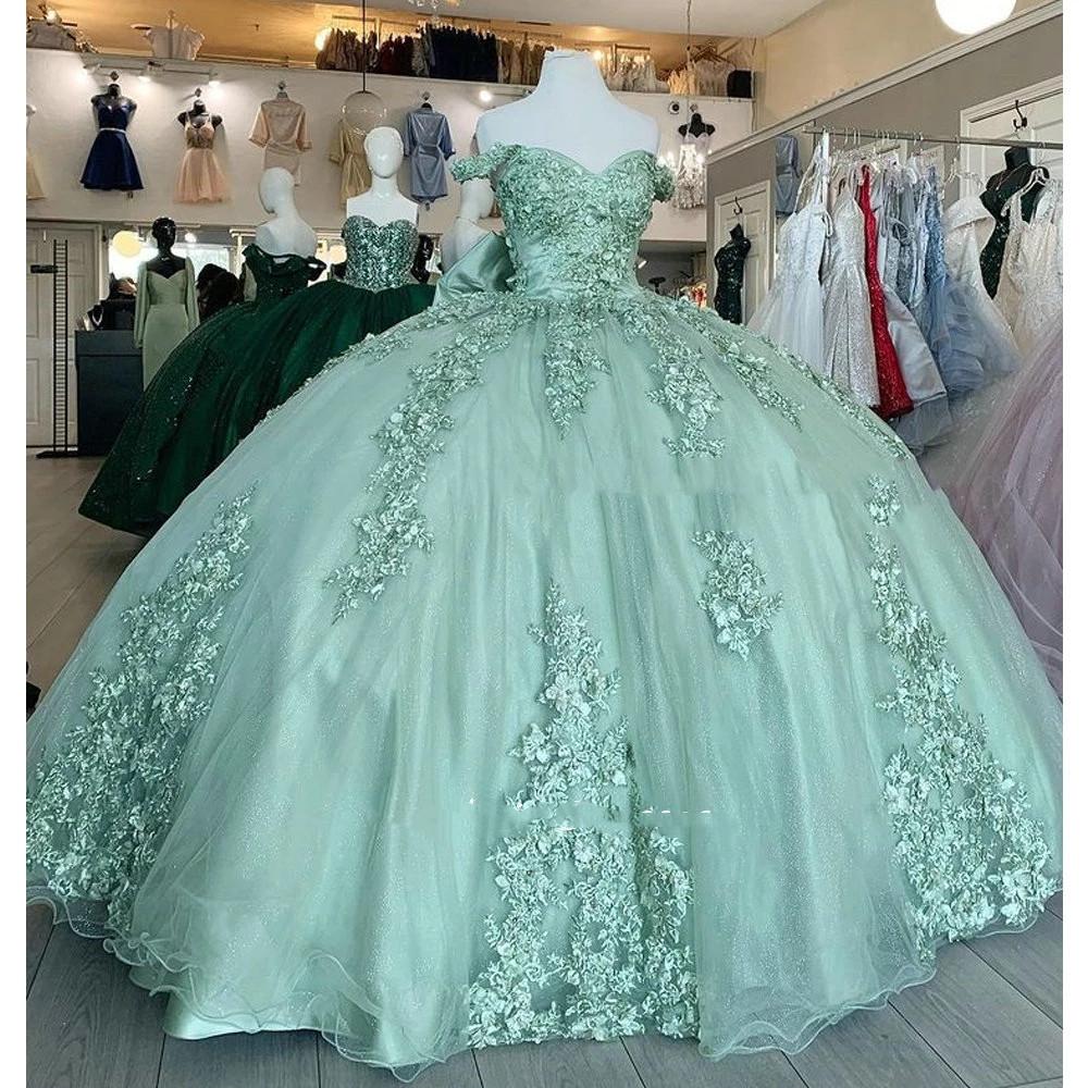 Sweet 16 Ball Gown, Green Quinceanera Dresses, Lace Applique Prom Dresses, Dance Party Dresses, Vestidos De Graduacion, Robes De Bal, Off The