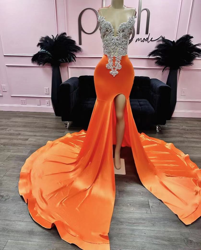 green emerald velvet dress Mermaid Style Burnt Orange Sequins Prom Dress with Side Slit Long Leng –  Ballbella