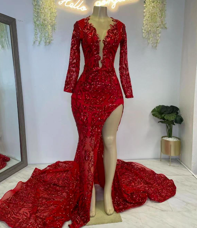 Red Sparkly Applique Prom Dresses, Long Sleeve Prom Dresses, Prom Dresses With Side Split, Fashion Birthday Party Dresses, Vestidos De Gala,