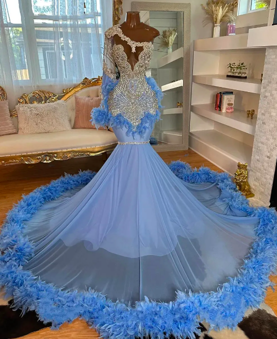 One Shoulder Prom Dresses, Luxury Prom Dresses, Rhinestones Custom Prom Dresses 2024, Feather Prom Dresses, Evening Gown For Women, 2025 Prom