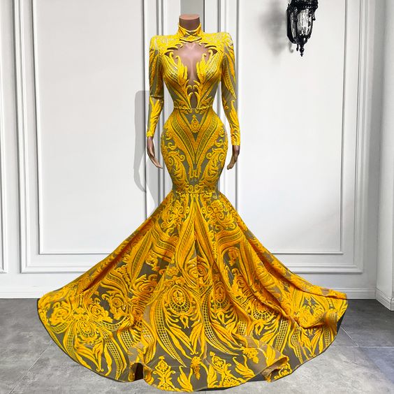 Yellow Prom Dresses, 2024 Prom Dresses, Long Sleeve Prom Dresses, Formal Occasion Dresses, Elegant Prom Dresses, Lace Applique Evening Dresses,