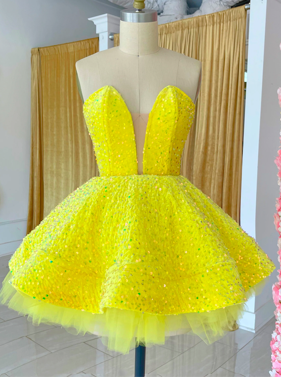 Yellow Prom Dress, Prom Ball Gown, Sweet 16 Dresses, Graduation Dresses, Sparkly Sequin Prom Gown, Glitter Formal Occasion Dresses, Fashion