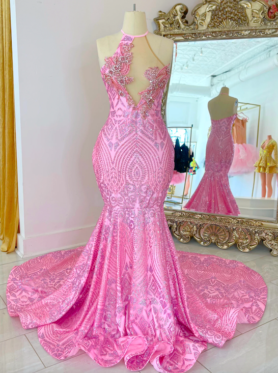Pink Prom Dresses, Sparkly Applique Prom Dresses, Halter Prom Dresses, Vestidos De Gala, Formal Occasion Dresses, Evening Dresses For Women,