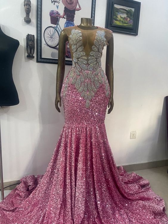 Crystals Prom Dresses, Pink Sparkly Prom Dresses, Luxury Fashion Birthday Party Dresses, Black Girls Prom Gowns, Evening Dresses Long, Beaded