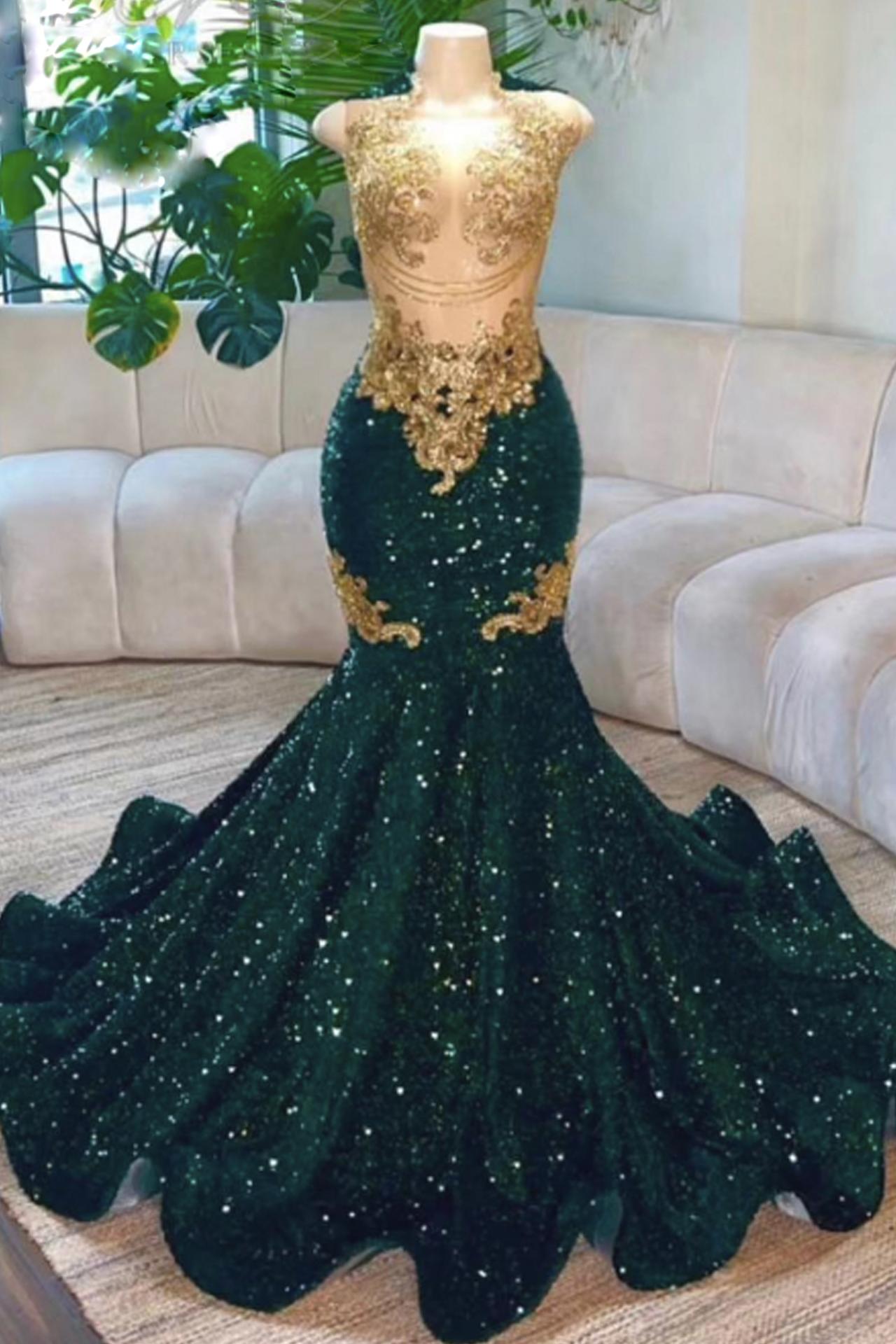 Emerald Green Prom Dresses, 2024 Sparkly Prom Dresses For Black Girls, Gold  Lace Applique Evening Dr on Luulla