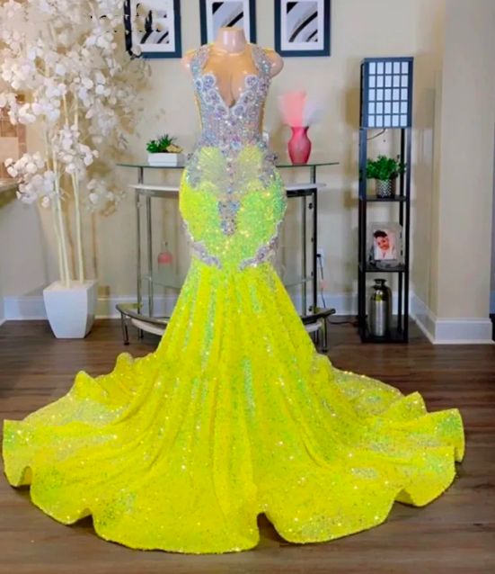 Yellow Sparkly Prom Dresses, Rhinestones Luxury Prom Dresses, Fashion Women Birthday Party Dresses, Vestidos De Gala, Elegant Evening Dresses For