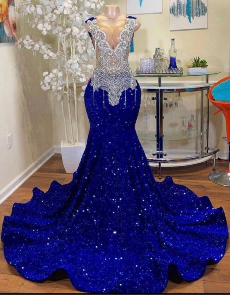 Royal Blue Diamonds Prom Dresses, Vestidos De Gala, Rhinestones Sparkly Prom Gown, Prom Dresses For Black Girls, Tassels Beading Formal Wear,