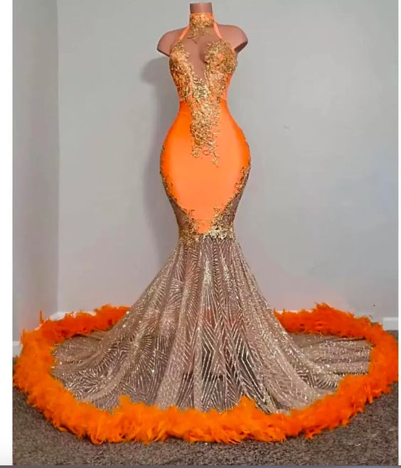 High Neck Orange Prom Dresses, Sparkly Prom Dresses, Vestidos De Fiesta, Elegant Prom Dresses, Formal Occasion Dresses, Feather Prom Dresses,