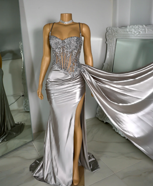 Spagehtti Straps Silver Prom Dresses, Corset Prom Dresses, Vestidos de Gala, Special Occasion Dresses, Lace Applique Prom Dresses With Overskirt,