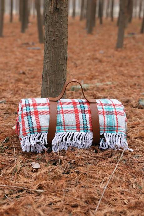 59“*79“ Outdoor Leather Strap Tassels Blanket Foldable Picnic Mat Waterproof Camping Mattress Picnic Accessories PICM6003