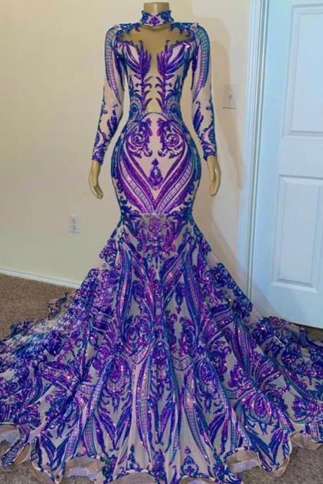 Sparkly Lace Prom Dresses, Vestidos De Fiesta, Glitter Evening Dresses, Purple Prom Dresses, Mermaid Prom Dresses, Long Sleeve Prom Dresses, High