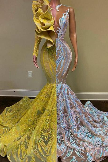 Yellow And White Prom Dresses, Sparkly Lace Prom Dresses, One Shoulder Prom Dress, Mermaid Prom Dresses, Elegant Evening Dresses, Formal Party