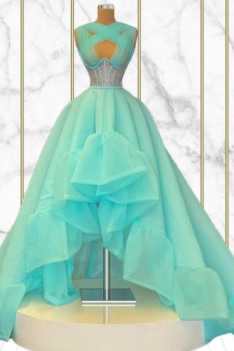 Turquoise Blue Prom Dress, Tulle Prom Dresses, Sparkly Prom Dress, Robes De Cocktail, Sleeveless Prom Dresses, Elegant Prom Dresses, High Low