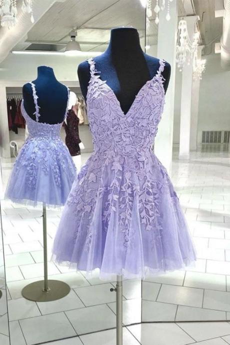 Purple Prom Dresses, Lavender Prom Dresses, Elegant Prom Dresses, Homecoming Dresses Short, Vestidos De Cocktail, Lace Applique Prom Dresses,