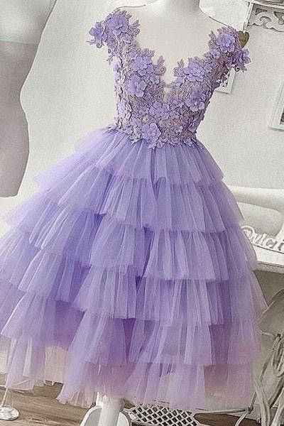 Purple Prom Dresses, Tiered Prom Dresses, Robes De Cocktail, Lilac Prom Dresses, Floral Prom Dresses, Lace Applique Prom Dresses, Prom Dresses,