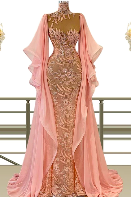 High Neck Prom Dresses, Pink Prom Dresses, Lace Applique Prom Dresses, Muslim Prom Dresses, Dubai Fashion Prom Dresses, Mermaid Prom Dresses,
