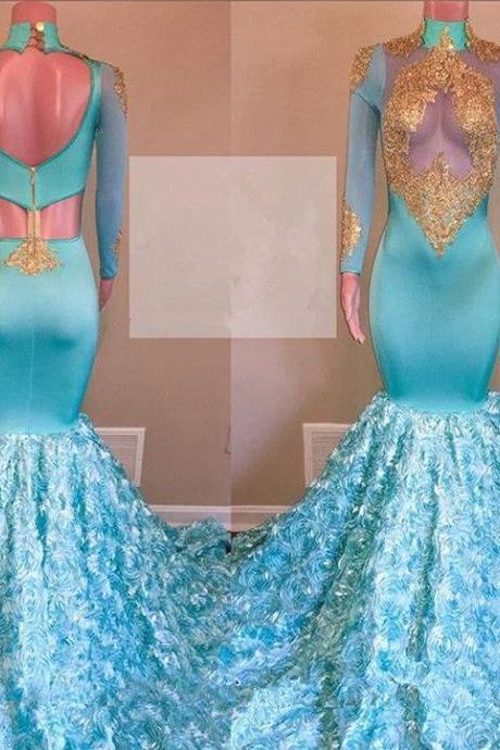Mermaid Prom Dresses, African Prom Dresses, Blue Prom Dresses, High Neck Prom Dress, Prom Gown For Women, Lace Applique Prom Dresses, Floral