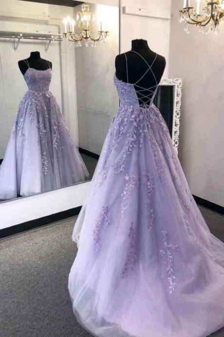 Purple Prom Dresses, Lace Applique Prom Dress, Spaghetti Strap Prom Dress, Robes De Cocktail, A Line Prom Dresses, Senior Formal Dress, Pageant