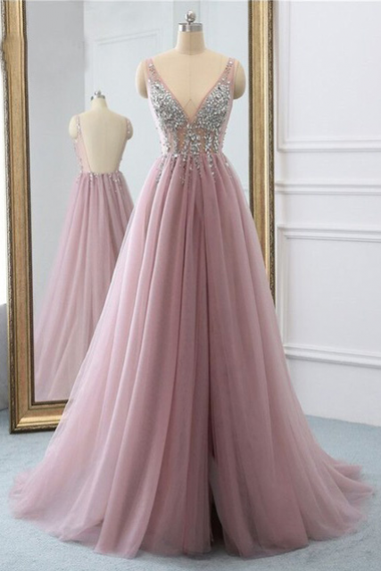 Beaded Prom Dresses, Rose Pink Prom Dress, Tulle Prom Dresses, A Line Prom Dresses, Prom Dresses Long, Elegant Prom Dresses, Abendkleider, Prom