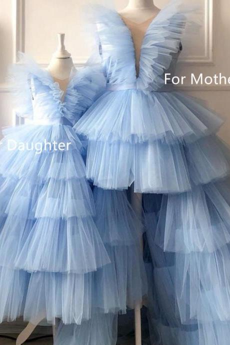Mother Daughter Matching Dresses(for Mother), Prom Dresses 2024, Tulle Prom Dress, Blue Prom Dresses, Tiered Prom Dresses, Prom Dresses 2025,