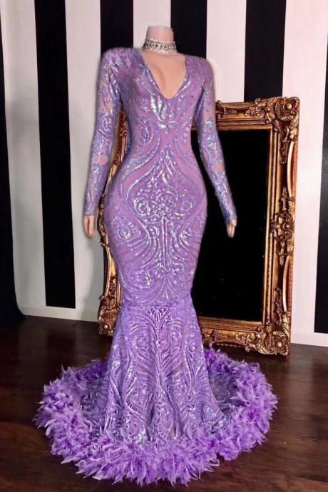 Mermaid Prom Dresses, Purple Prom Dresses, Custom Make Prom Dresses, Abendkleider, Sequin Applique Prom Dresses, Feather Prom Dresses, Robes De