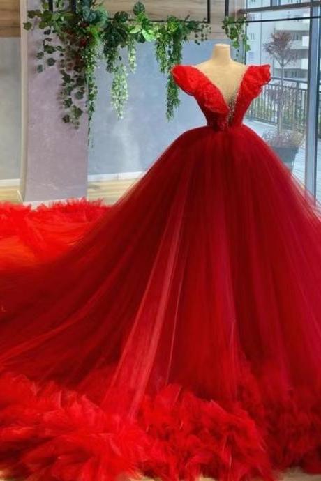 Luxury Prom Dresses, Red Prom Dresses, Prom Ball Gown, Sweet 16 Dresses, Pageant Dresses For Women, Beaded Prom Dresses, V Neck Prom Dresses,