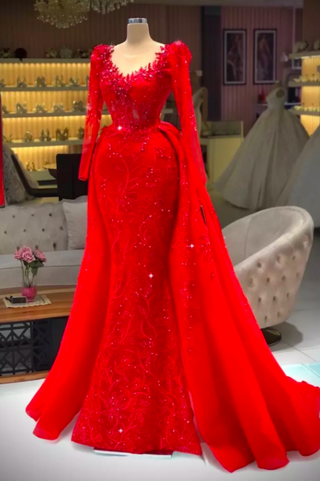 Long Sleeve Prom Dresses, Red Lace Prom Dresses, Beaded Prom Dresses, Detachable Skirt Prom Dresses, Prom Dresses With Overskirt, Vestidos De