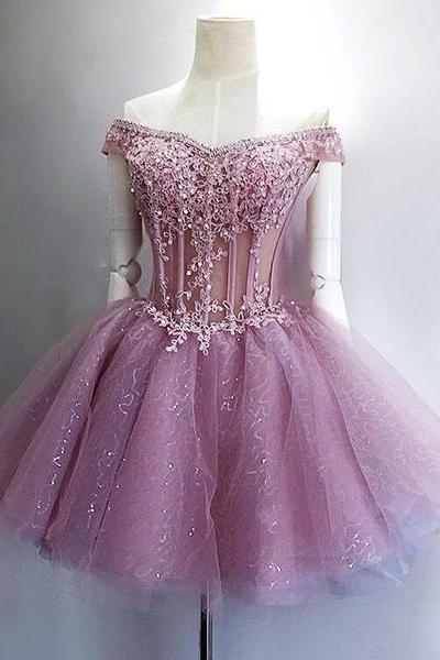 Rose Pink Prom Dresses, Homecoming Dresses Short, Lace Applique Prom Dresses, Beaded Prom Dresses, Prom Dresses For Women, Cocktail Party