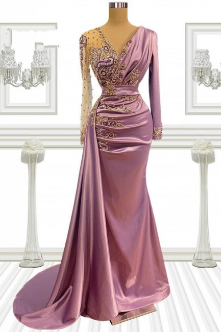Muslim Prom Dresses, Pink Prom Dresses, Long Sleeve Prom Dresses, Abendkleider, Beaded Prom Dress, Robe De Soiree Femme, Elegant Prom Dress,