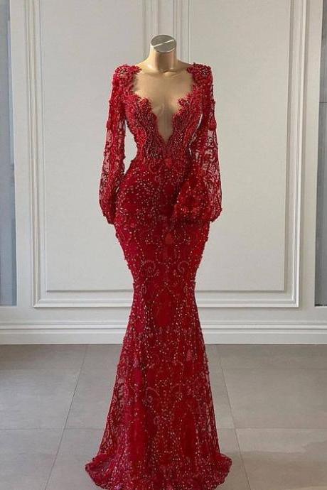 Luxury Evening Dress, Red Evening Dress, Deep V Neck Evening Dresses, Beaded Lace Evening Dresses, Robe De Soiree Femme, Elegant Prom Dresses,