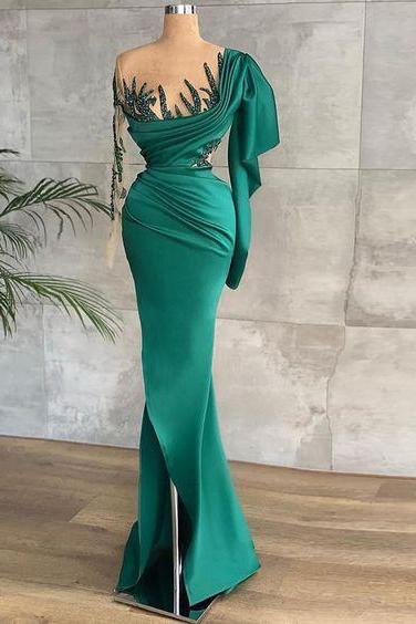 Green Evening Dresses, Long Sleeve Evening Dress, Lace Applique Evening Dress, Mermaid Evening Dresses, Sexy Formal Dress, Cocktail Dresses,
