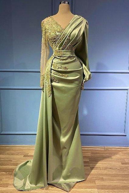 long sleeve prom dresses, beaded applique prom dresses, v neck prom dress, formal party dresses