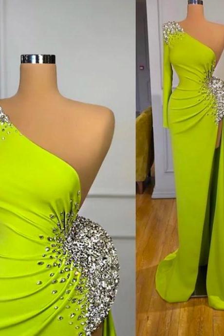 Lime Green Evening Dress, One Shoulder Evening Dress, Abendkleider, 2022 Evening Dresses, Beaded Evening Dresses, Robe De Soiree, Vestidos De